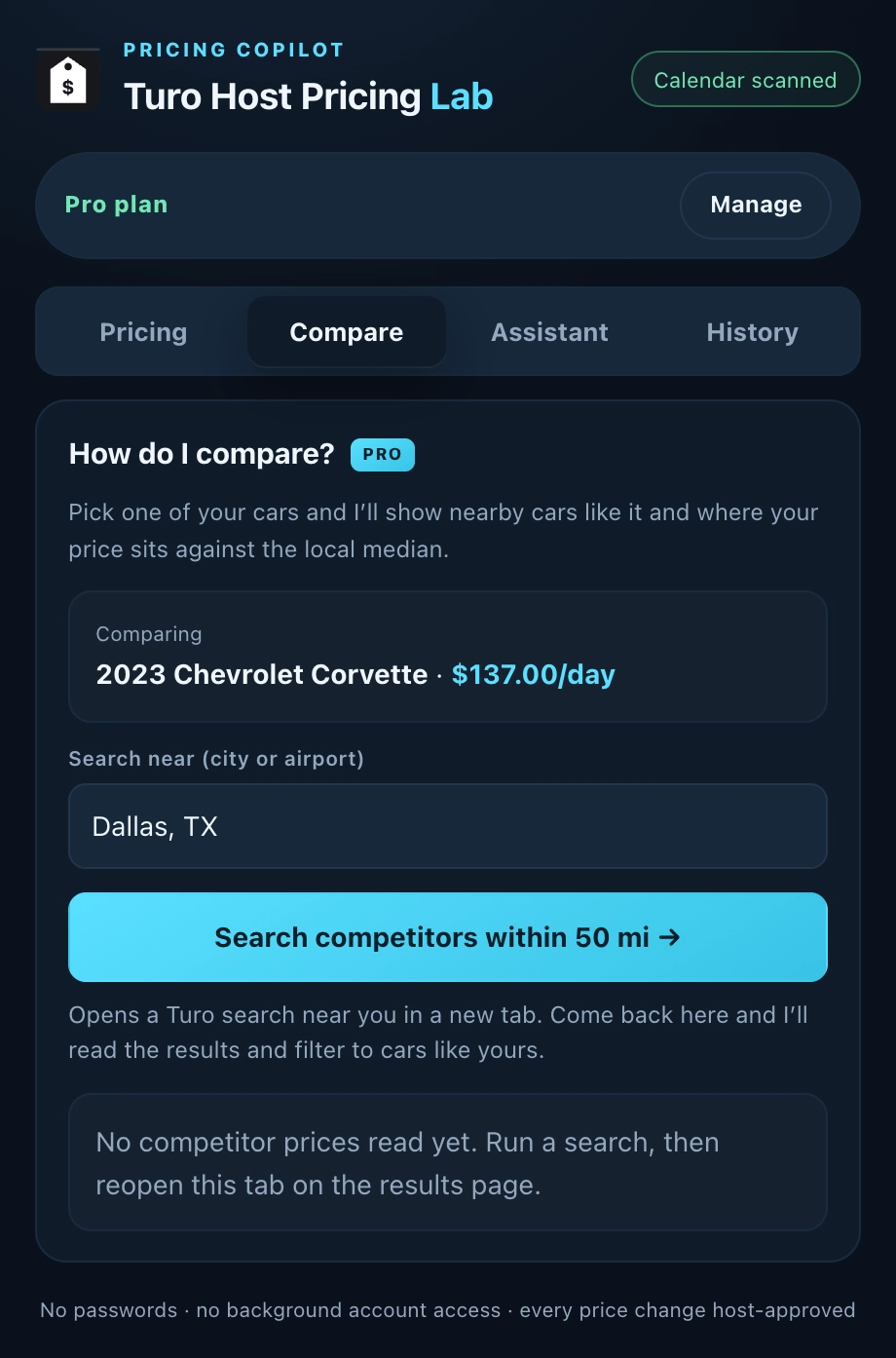 Compare tab in the extension popup: comparing a 2023 Chevrolet Corvette at $137.00/day near Dallas, TX, with a Search competitors within 50 mi button. Example data.